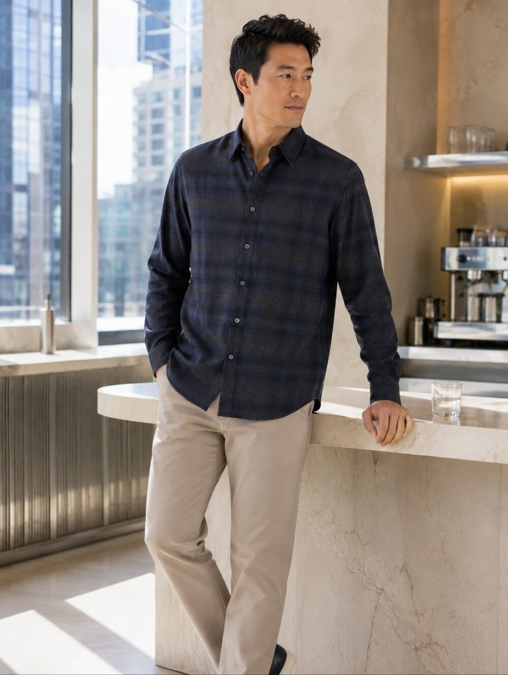 Theory Irving Soft Plaid Cotton Flannel Shirt Navy Charcoal M